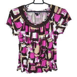 Women's Multicolor East 5th Geometric Print Blouse Round Neck Short Sleeve L